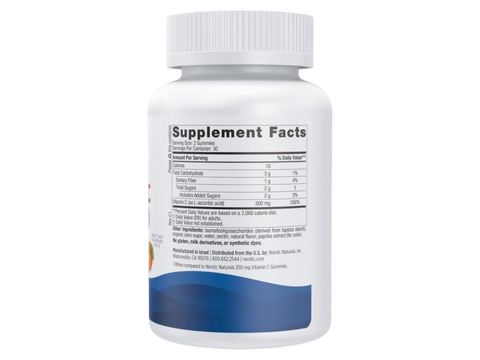 Supplement facts and ingredients for 500mg vitamin C gummies.