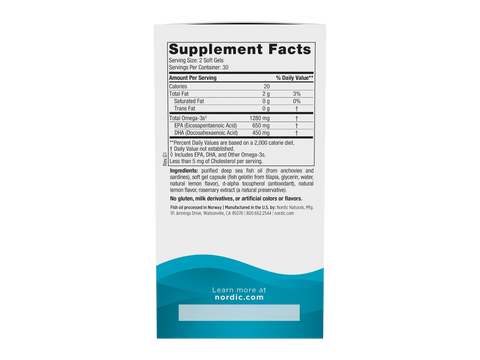 Nordic Naturals Fish Gelatin Omega-3 1280mg per Serving Lemon Softgels – 60 Softgels Supplement Facts panel