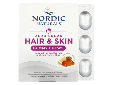 Nordic Naturals Hair & Skin Gummies Zero Sugar Strawberry Lemonade – 27 Gummies box front packaging