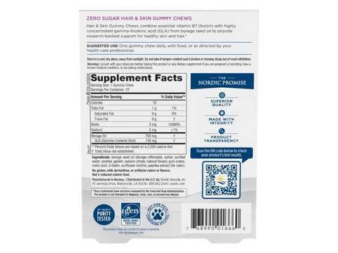 Nordic Naturals Hair & Skin Gummies Zero Sugar Strawberry Lemonade – 27 Gummies product barcode on box packaging