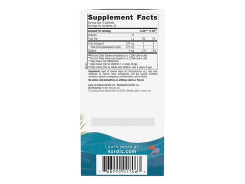 Nordic Naturals Kids DHA Chewables 375mg Vegan Omega-3 Berry Lemonade – 120 Chewable Tablets Supplement Facts panel
