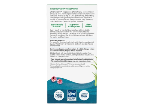 Nordic Naturals Kids DHA Chewables 375mg Vegan Omega-3 Berry Lemonade – 120 Chewable Tablets bottle back label with product information