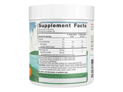 Nordic Naturals Kids Omega-3 Tangerine Gummies 82mg per Serving – 120 Gummies Supplement Facts panel