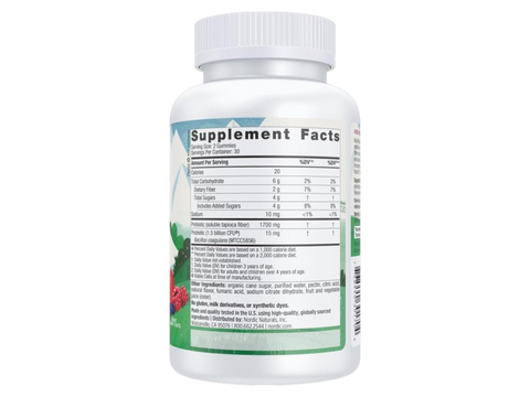 Supplement facts, ingredients and dosage instructions for children's probiotic gummies.