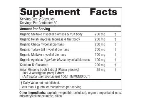 Nordic Naturals Mushroom Complex 6 Mushroom Blend with Herbs – 60 Capsules Supplement Facts panel