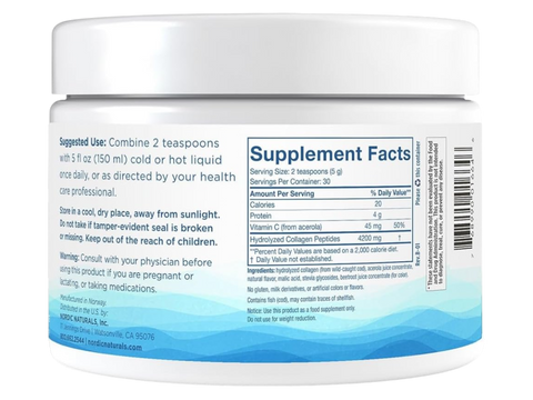 Supplement facts, barcode and ingredients for Nordic Beauty Collagen.