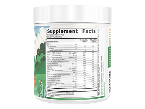 Supplement facts label and usage instructions for Nordic Berries children's gummy vitamins