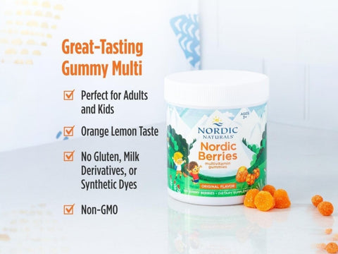 Nordic Naturals Nordic Berries kids multivitamin gummy bottle, citrus flavor, for ages 3+