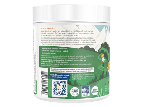 Supplement facts label and usage instructions for Nordic Berries children's gummy vitamins and barcode