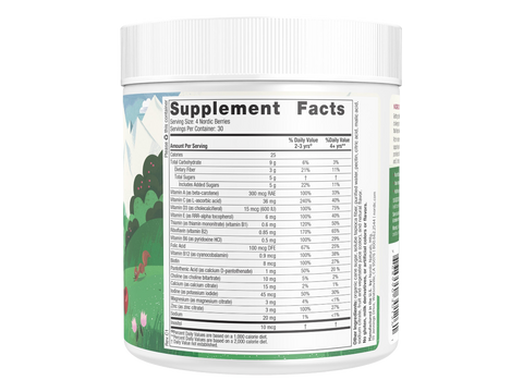 Supplement facts label and usage instructions for Nordic Berries children's gummy vitamins