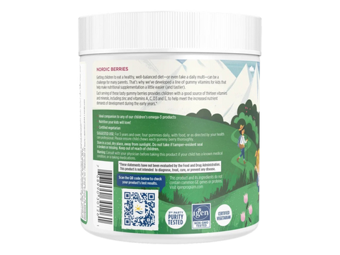 Supplement facts label and usage instructions for Nordic Berries children's gummy vitamins and barcode