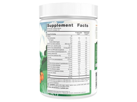 Supplement facts label and usage instructions for Nordic Berries children's gummy vitamins