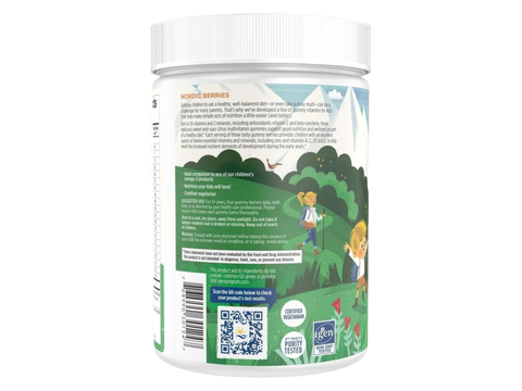 Supplement facts label and usage instructions for Nordic Berries children's gummy vitamins and barcode