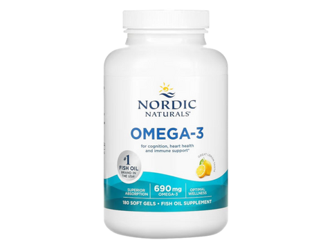 Nordic Naturals Omega-3 690mg EPA and DHA Fish Oil Softgels Lemon Flavour – 180 Softgels bottle angled view