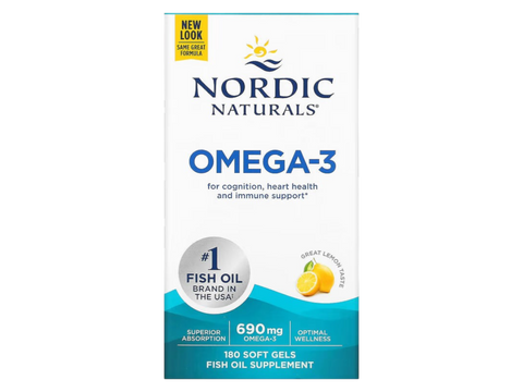 Nordic Naturals Omega-3 690mg EPA and DHA Fish Oil Softgels Lemon Flavour – 180 Softgels bottle front label