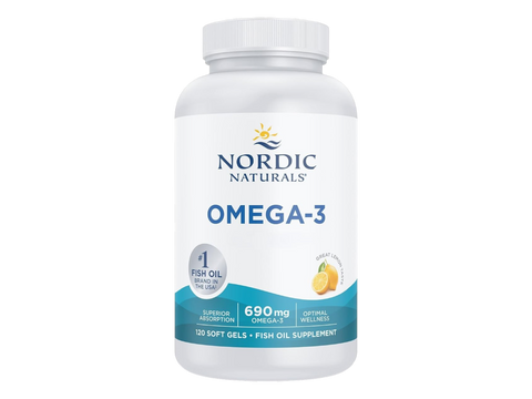 Nordic Naturals Omega-3 690mg EPA and DHA Fish Oil Softgels Lemon Flavour – 120 Softgels bottle angled view
