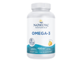 A white plastic bottle of Nordic Naturals Omega-3 fish oil supplement with a white cap, featuring a white label with blue and teal text and graphics.