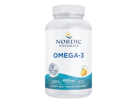 A white plastic bottle of Nordic Naturals Omega-3 fish oil supplement with a white cap, featuring a white label with blue and teal text and graphics.