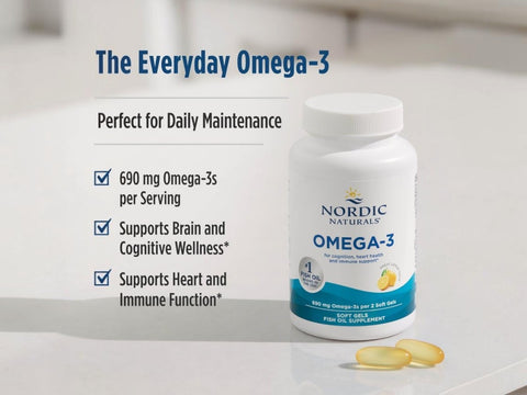 Nordic Naturals Omega-3 supplement bottle on a light surface with two soft gel capsules beside it and marketing text on the left.