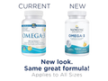 Two white bottles of Nordic Naturals Omega-3 dietary supplements shown side by side on a white background, with text labels 'CURRENT' above the left bottle and 'NEW' above the right bottle. The right bottle has a teal and yellow label, while the left bottle has a blue and yellow label.