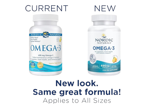 Two white bottles of Nordic Naturals Omega-3 dietary supplements shown side by side on a white background, with text labels 'CURRENT' above the left bottle and 'NEW' above the right bottle. The right bottle has a teal and yellow label, while the left bottle has a blue and yellow label.