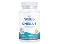 A white plastic bottle of Nordic Naturals Omega-3 fish oil supplement with a white cap, featuring a white label with blue and teal text and graphics.