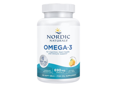 A white plastic bottle of Nordic Naturals Omega-3 fish oil supplement with a white cap, featuring a white label with blue and teal text and graphics.