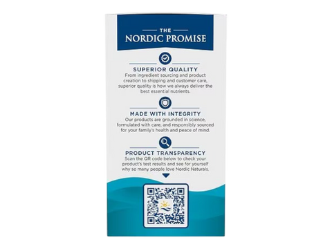 A vertical white card with blue and navy branding reading 'THE NORDIC PROMISE' and several text sections, plus a QR code near the bottom, shown on a plain white background.