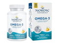 Nordic Naturals Omega-3 fish oil supplement shown as a white plastic bottle next to its retail box packaging, featuring blue and teal branding and a lemon graphic.