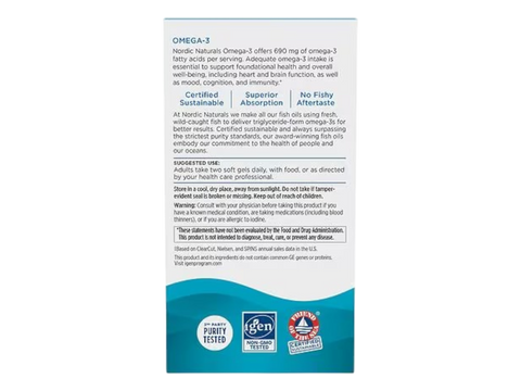 The back of a white rectangular box for Nordic Naturals Omega-3 fish oil, showing product information, suggestions, warnings, and a teal section at the bottom with certification logos including Pureti Test and IFN.