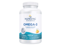 Nordic Naturals Omega-3 fish oil supplement in a white plastic bottle with a white cap, featuring a white label with blue and yellow text and graphics.