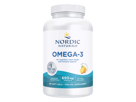 Nordic Naturals Omega-3 fish oil supplement in a white plastic bottle with a white cap, featuring a white label with blue and yellow text and graphics.