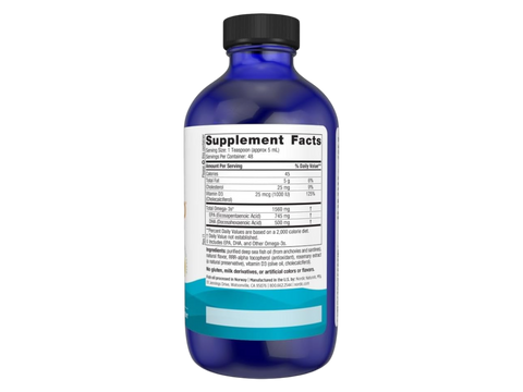 Ingredients and dosage instructions for Omega-3D liquid supplement.