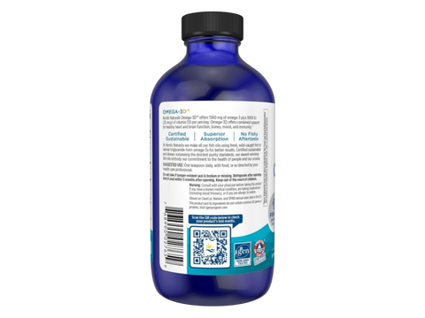 Barcode and product details for Nordic Naturals Omega-3D liquid.