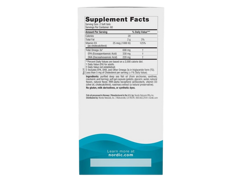 Ingredients and supplement facts label for Omega-3D with Vitamin D3
