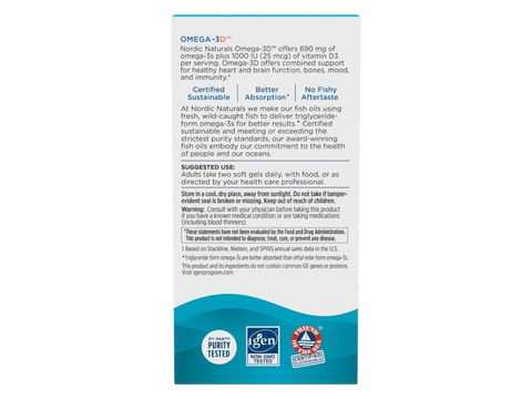 Ingredients and supplement facts label for Omega-3D with Vitamin D3.