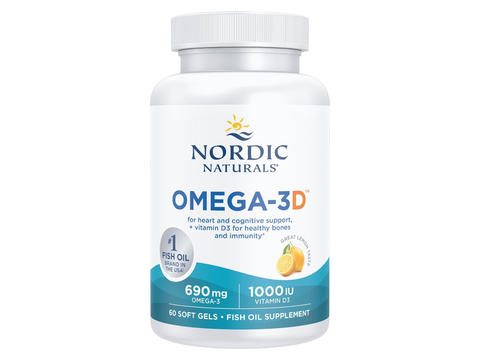 Nordic Naturals Omega-3D with Vitamin D3 bottle, lemon soft gels, 60 count.