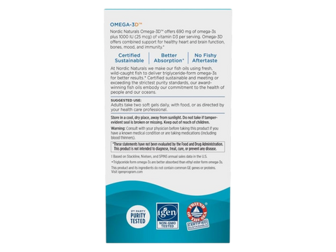 Supplement facts label for Omega-3D with Vitamin D3 and ingredients.