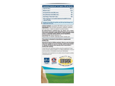 Supplement facts, ingredients, and directions for cat fish oil liquid.