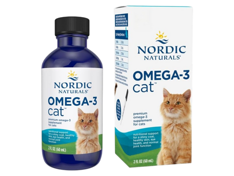 Nordic Naturals Omega-3 Fish Oil for Cats, 60ml liquid bottle & box, white background.