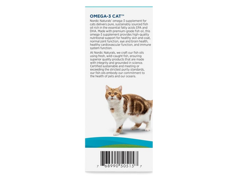 Supplement facts, barcode, ingredients, and directions for cat fish oil liquid.
