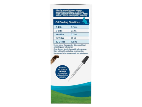 Supplement facts, ingredients, and directions for cat fish oil liquid.