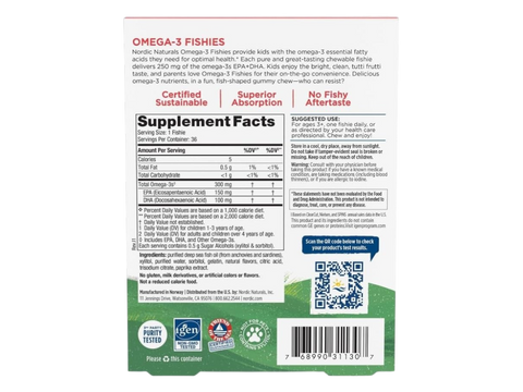 Nordic Naturals Omega-3 Fishies Tutti Frutti 300mg Omega-3 – 36 Chewables product barcode on box packaging