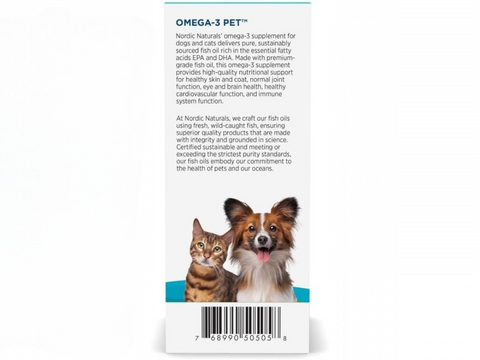 Nordic Naturals Omega-3 Pet Liquid Fish Oil Unflavoured for Dogs and Cats – 60ml Liquid bottle back label with product information