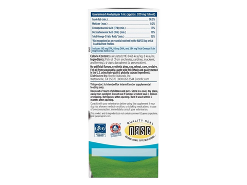 Nordic Naturals Omega-3 Pet Liquid Fish Oil Unflavoured for Dogs and Cats – 60ml Liquid bottle back label with product information
