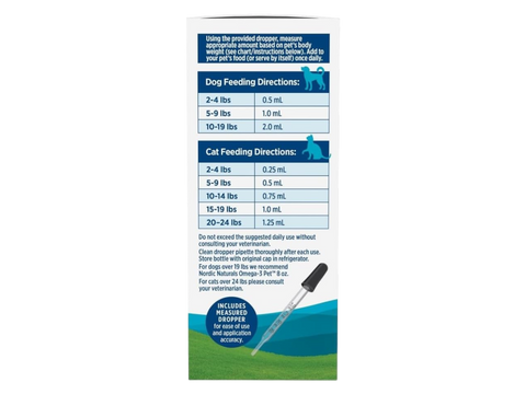 Nordic Naturals Omega-3 Pet Liquid Fish Oil Unflavoured for Dogs and Cats – 60ml Liquid suggested use and directions for pets panel
