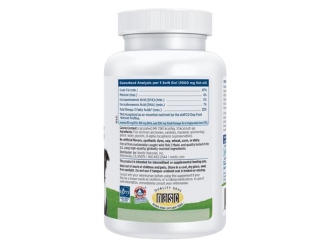 Nordic Naturals Omega-3 Pet Softgels for Dogs Unflavoured Fish Oil –Softgels bottle back label with product information