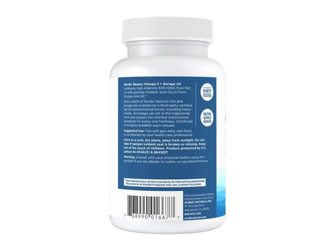 Nordic Naturals Omega-3 + Borage Oil EPA DHA and GLA Blend – 60 Softgels product barcode on bottle packaging