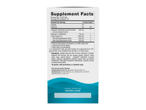Nordic Naturals Omega Curcumin 1200 mg Omega-3s and 400 mg Curcumin – 60 Softgels Supplement Facts panel