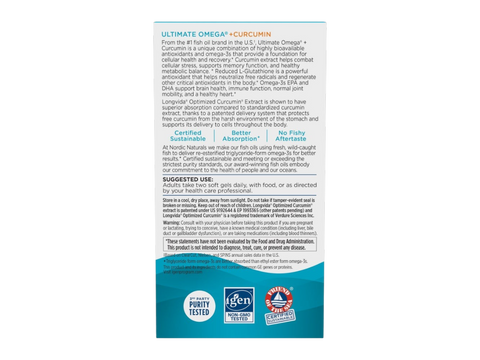 Nordic Naturals Omega Curcumin 1200 mg Omega-3s and 400 mg Curcumin – 60 Softgels bottle back label with product information